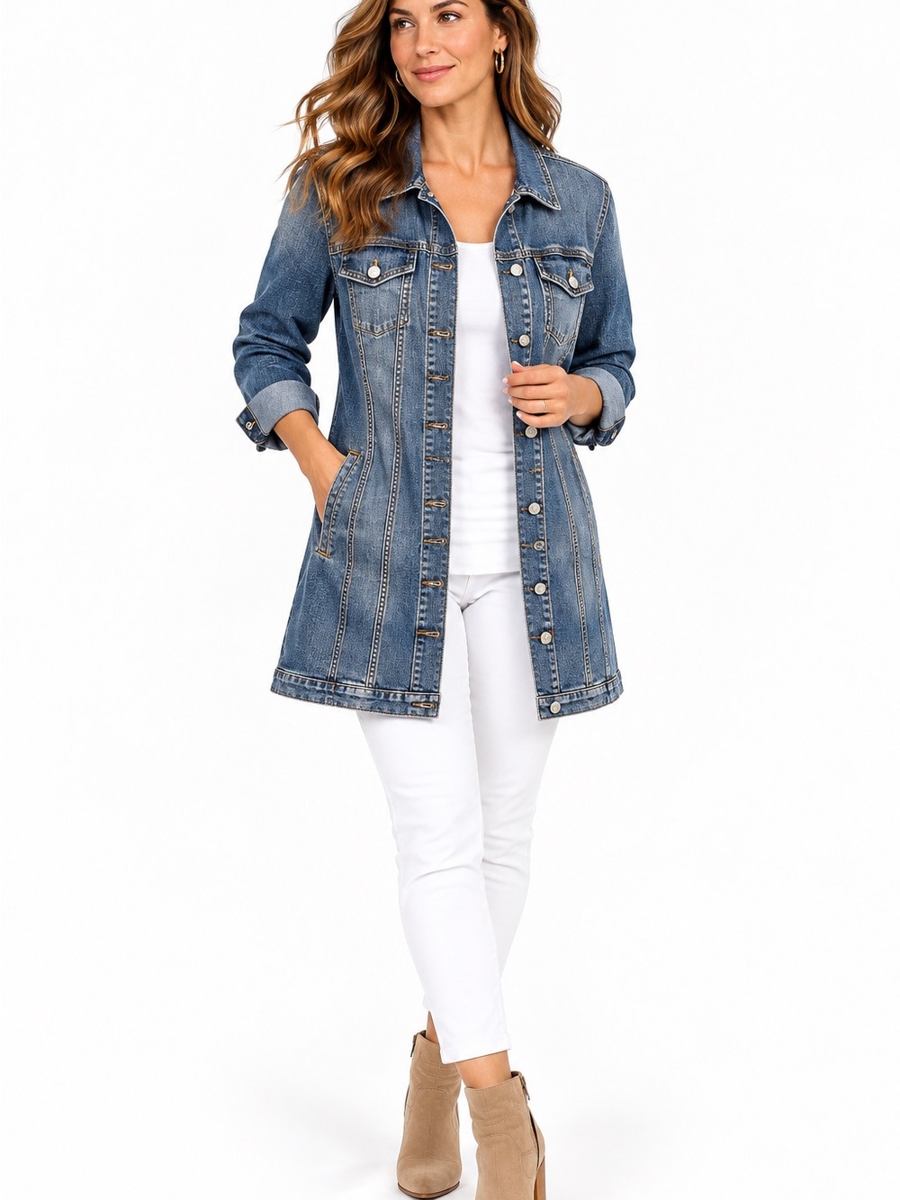 Chicoβs Longline Denim Jacket Size 2 Womenβs 12/14 Dark Wash Stretch